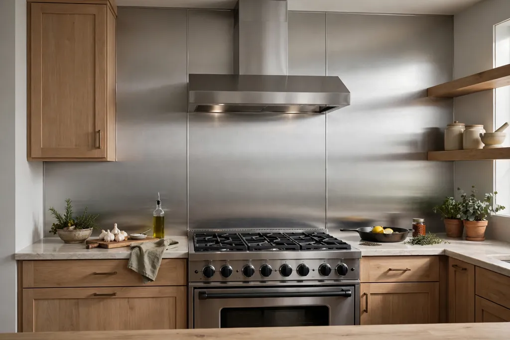 Kitchen range wall with brushed stainless steel sheet backsplash