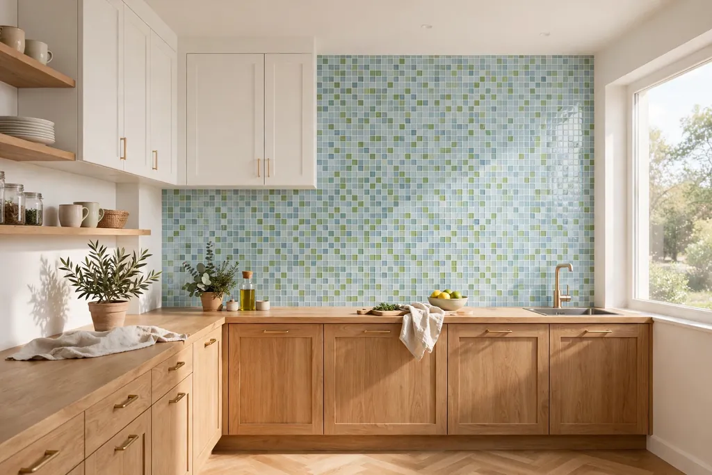 Bright kitchen with glass mosaic tiles in pale blue and soft green above a counter