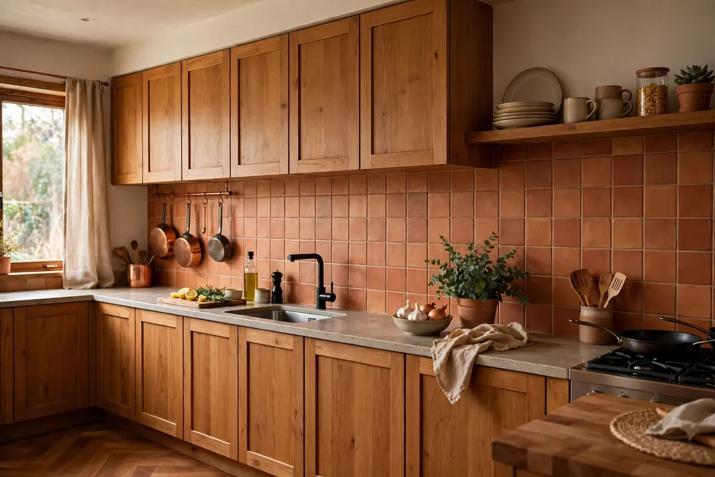 Warm kitchen with square terracotta tile backsplash and wood cabinets