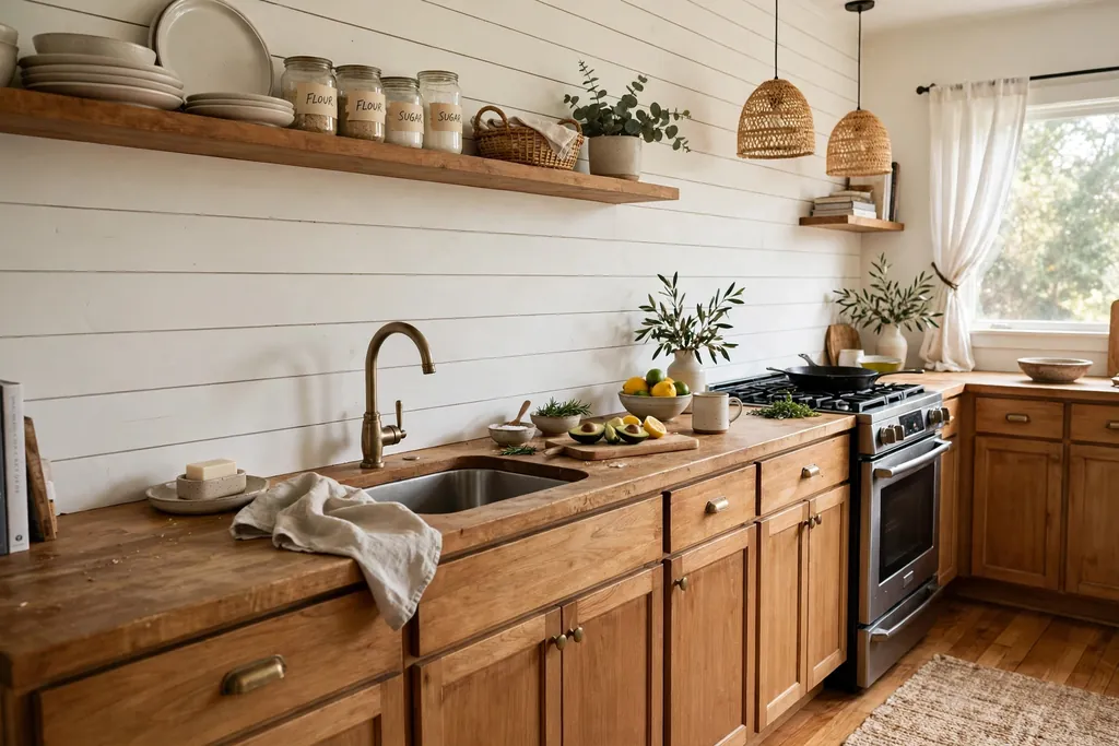 Relaxed kitchen with horizontal white shiplap board backsplash and wood counter