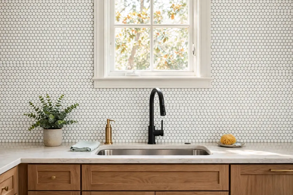 Kitchen sink wall with white penny round mosaic tile backsplash