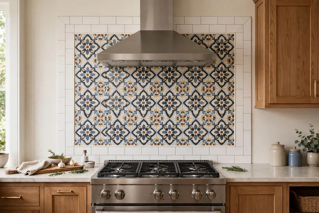 Kitchen range wall with patterned encaustic cement tile feature panel framed by plain tile