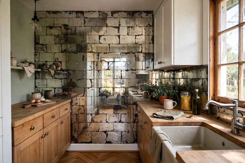 Small kitchen with antiqued mirror panel backsplash reflecting daylight