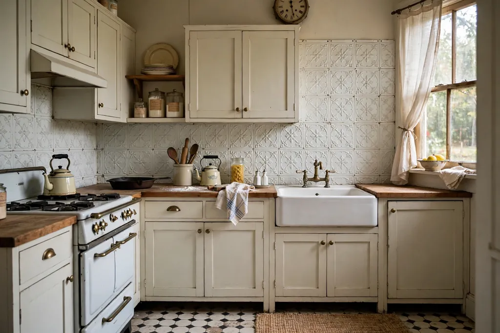 Vintage kitchen with white pressed metal tin tile backsplash and simple cabinets