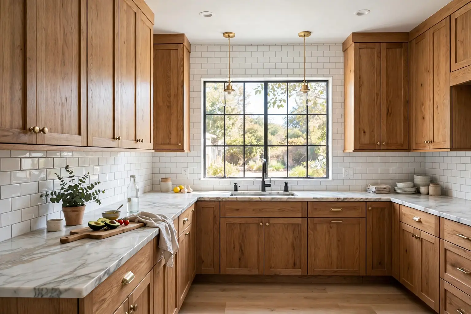 Bright kitchen with white subway tile backsplash, wood cabinets, marble counter, and window daylight