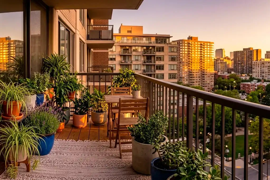 Apartment balcony filled with potted plants at sunset.