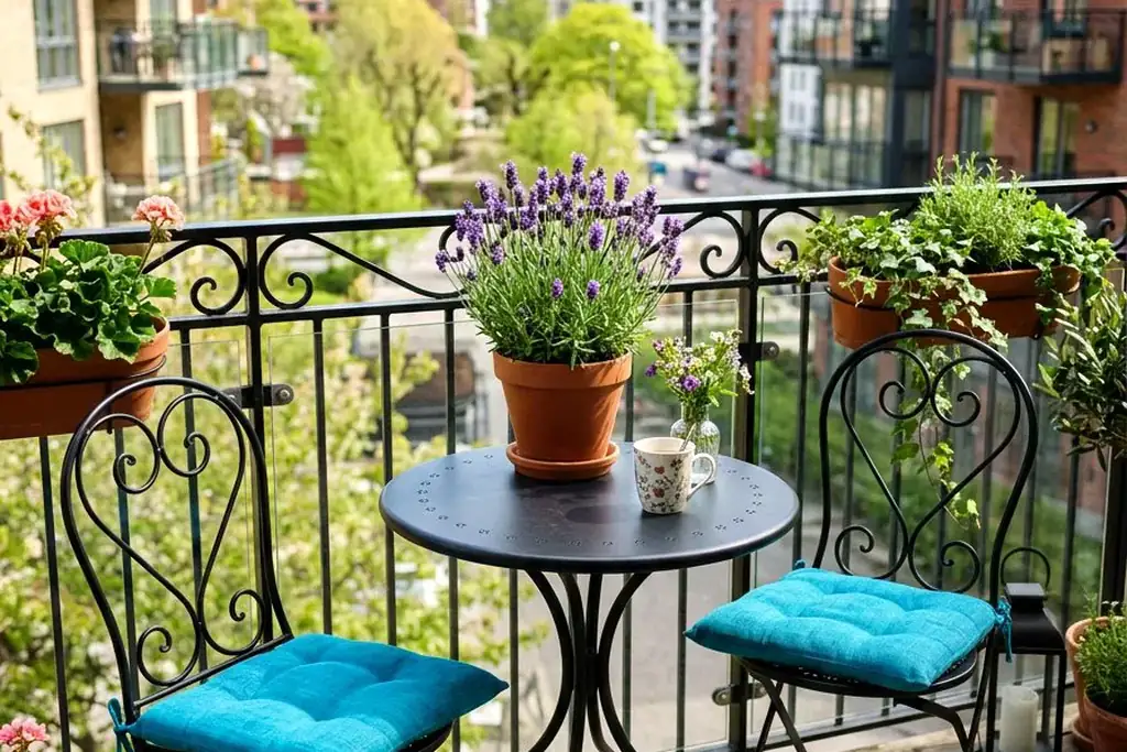 Bistro table and two chairs in the corner of a balcony.