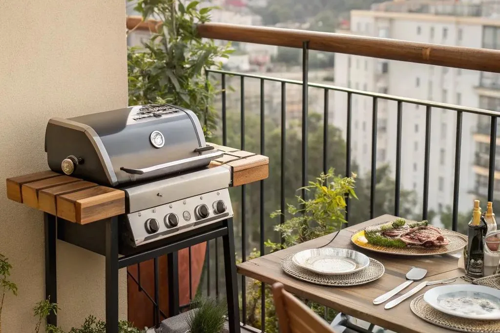 Compact grill set on a balcony with clear space around it.