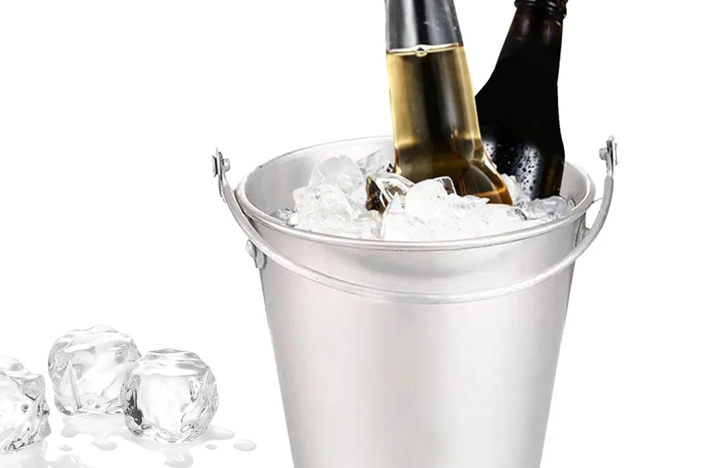 Metal drinks bucket with bottles and ice.