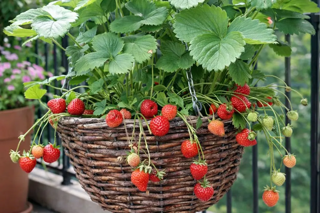 Hanging basket of strawberries with ripe red fruit.