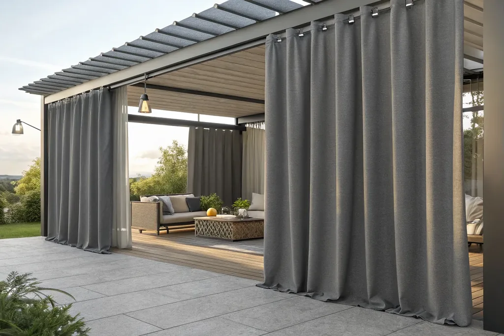Outdoor curtains hanging along a covered patio.