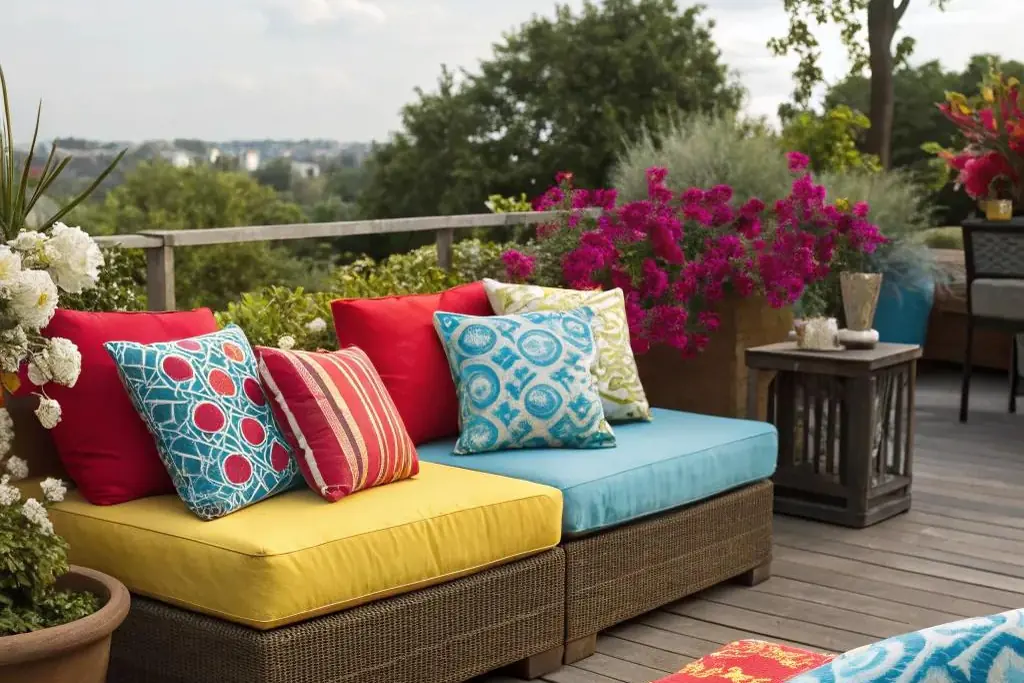 Outdoor cushions in bright colors on a patio sofa.