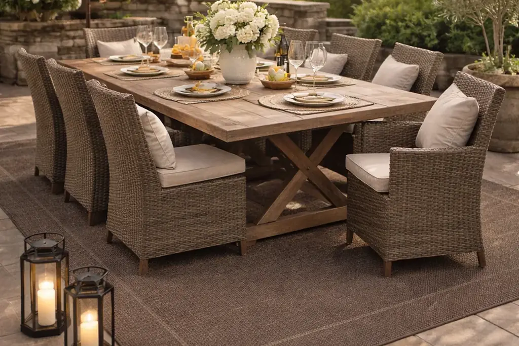Outdoor rug under a dining table and chairs on a patio.