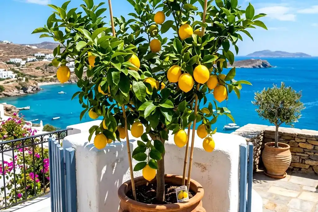 Potted lemon tree with fruit on a sunny balcony.