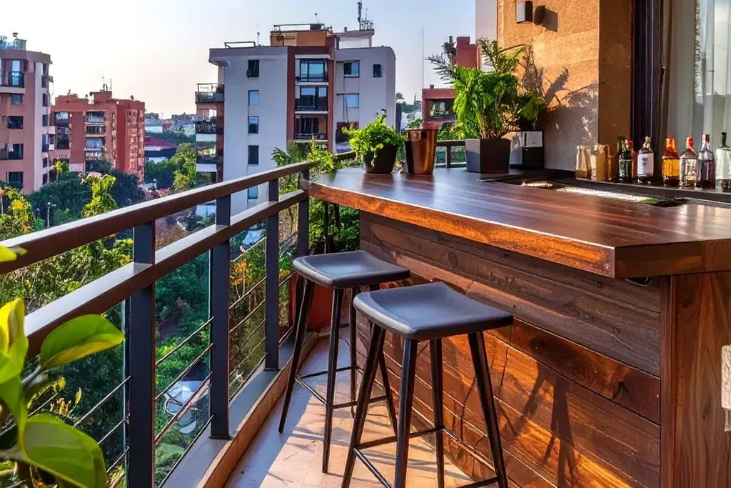 Wooden counter along a balcony railing with stools tucked under it.