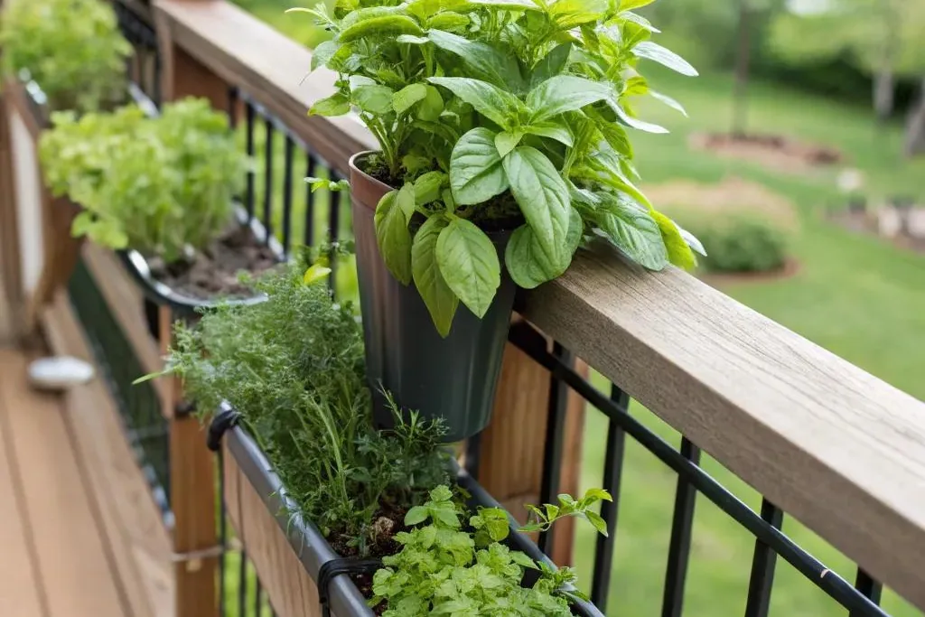 Planters of basil, parsley, and chives hanging on a balcony railing.