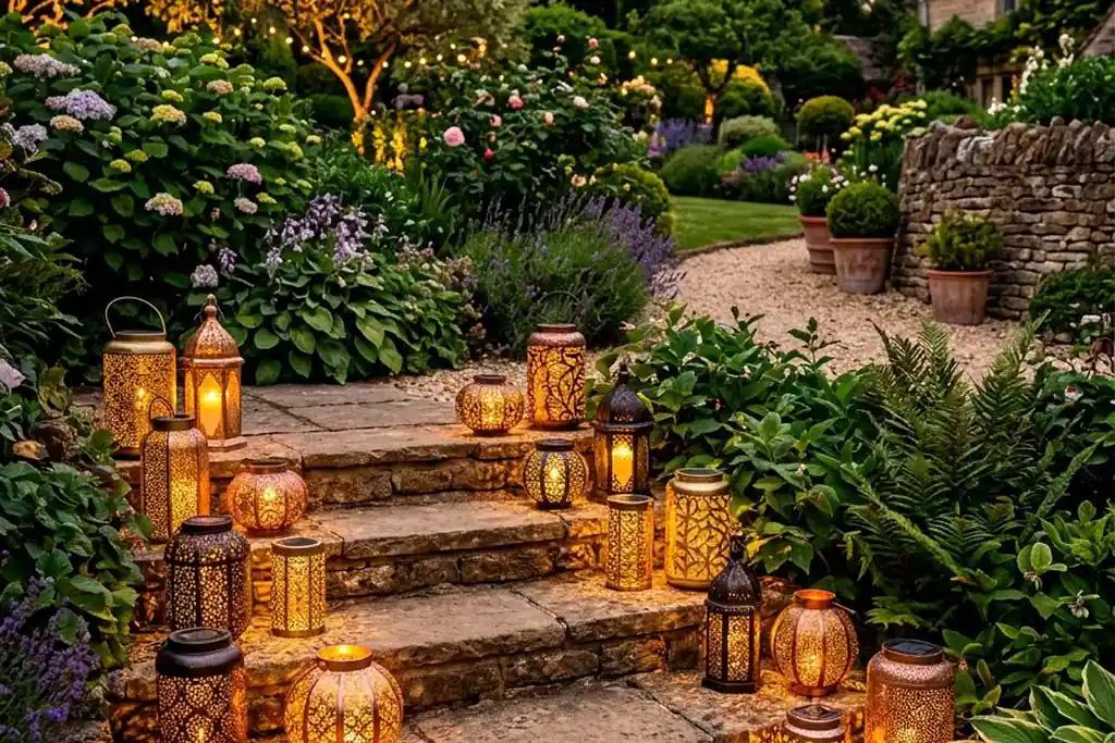 Lanterns glowing along garden steps at dusk.