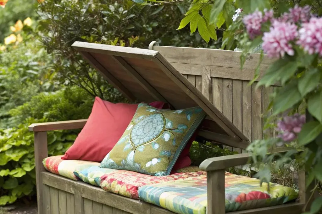 Storage bench with colorful cushions and its lid open in a garden.