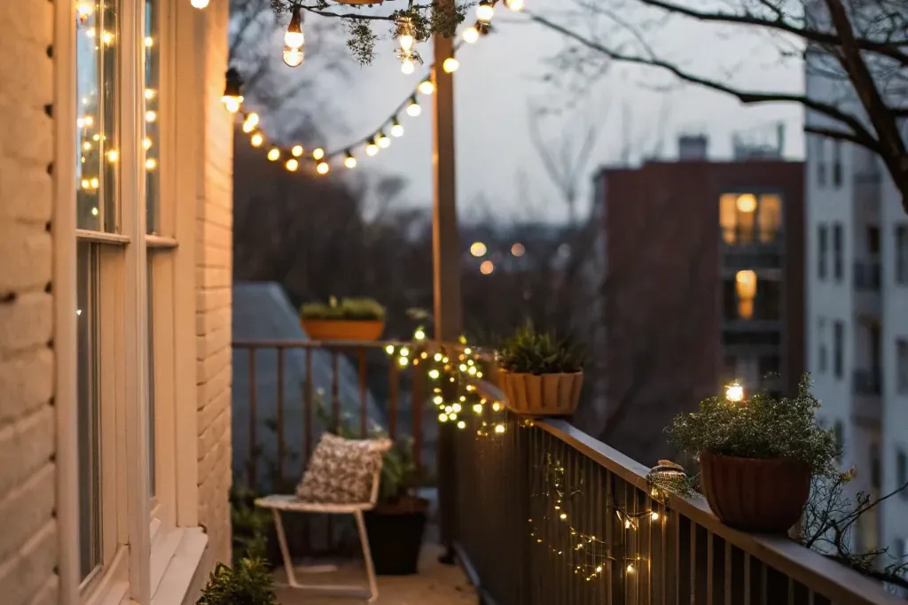 Warm string lights strung above a balcony table at dusk.