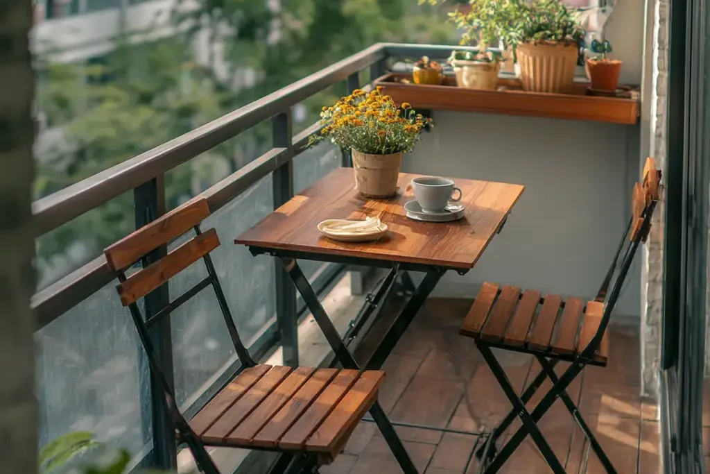 Tidy small balcony with a folding table, chairs, and a shelf of pots.
