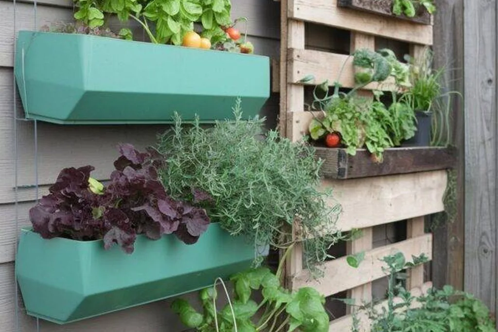 Vertical planter with lettuce and herbs growing in stacked tiers.