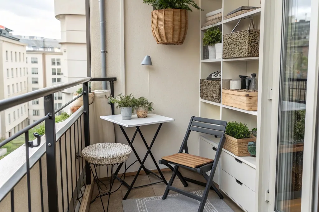 Small balcony laid out in zones with seating, planters, and storage.