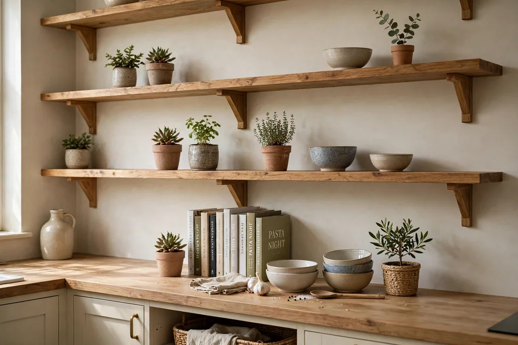 Open wooden kitchen shelves above a counter holding upright cookbooks small plants and bowls.