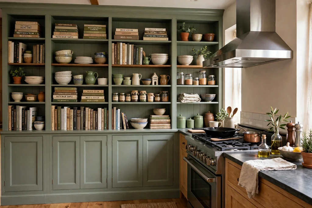 Floor to ceiling built-in kitchen bookshelf wall painted sage green and filled with cookbooks and dishes.