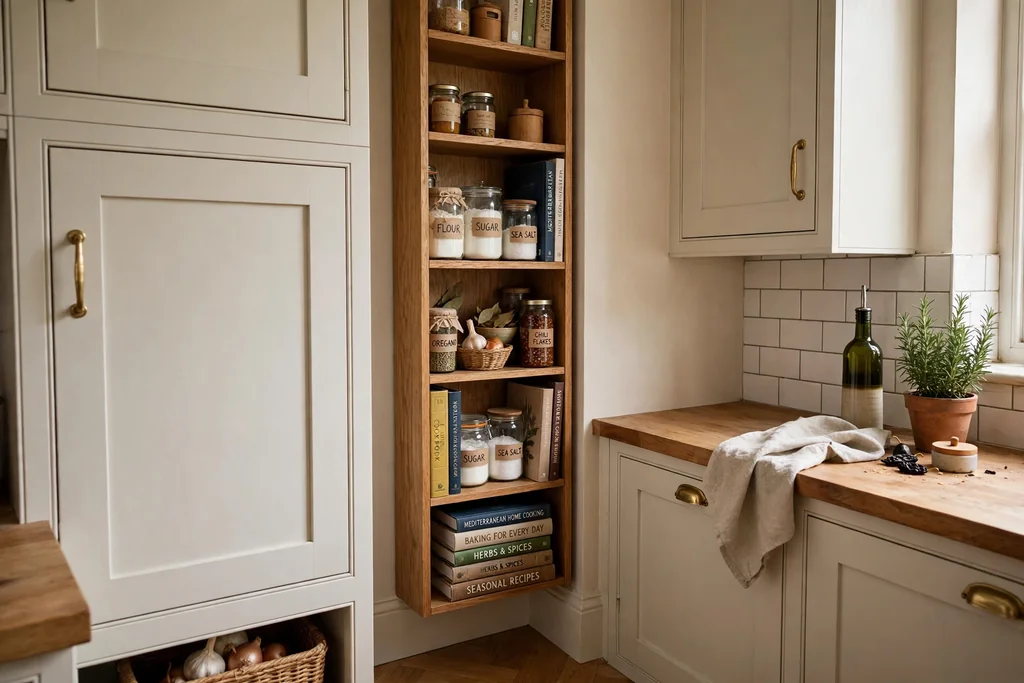Tall narrow wooden bookshelf tucked into a small kitchen corner holding cookbooks and jars.
