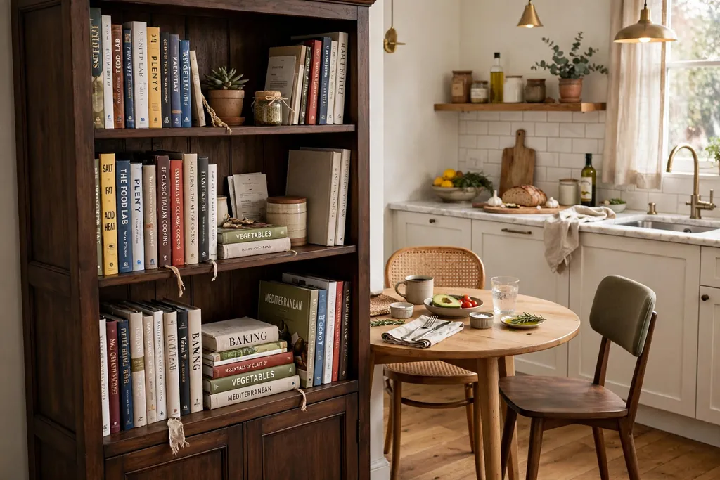 Freestanding dark wood bookcase filled with cookbooks beside a small kitchen dining table.