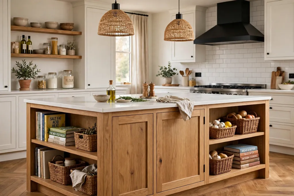 Kitchen island with open bookshelf ends holding cookbooks and baskets under a white countertop.