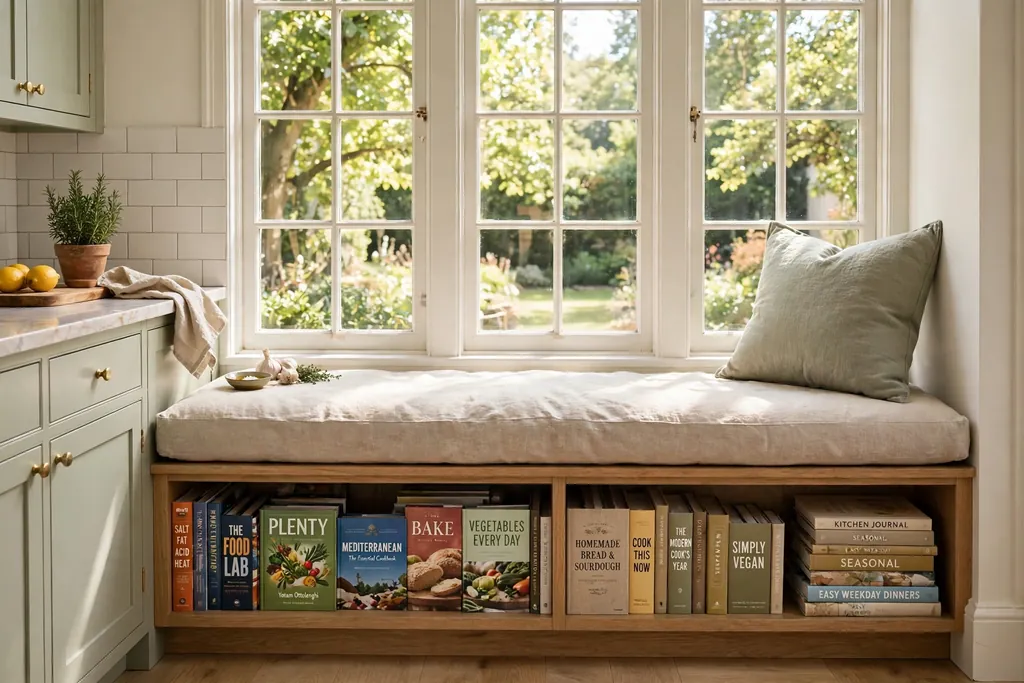 Kitchen window seat with a cushion on top and low bookshelves underneath filled with cookbooks.