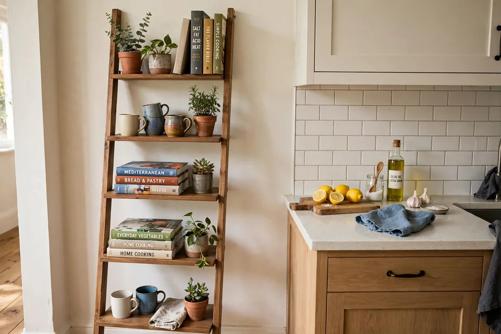 Leaning ladder shelf against a kitchen wall holding cookbooks plants and mugs next to a counter.