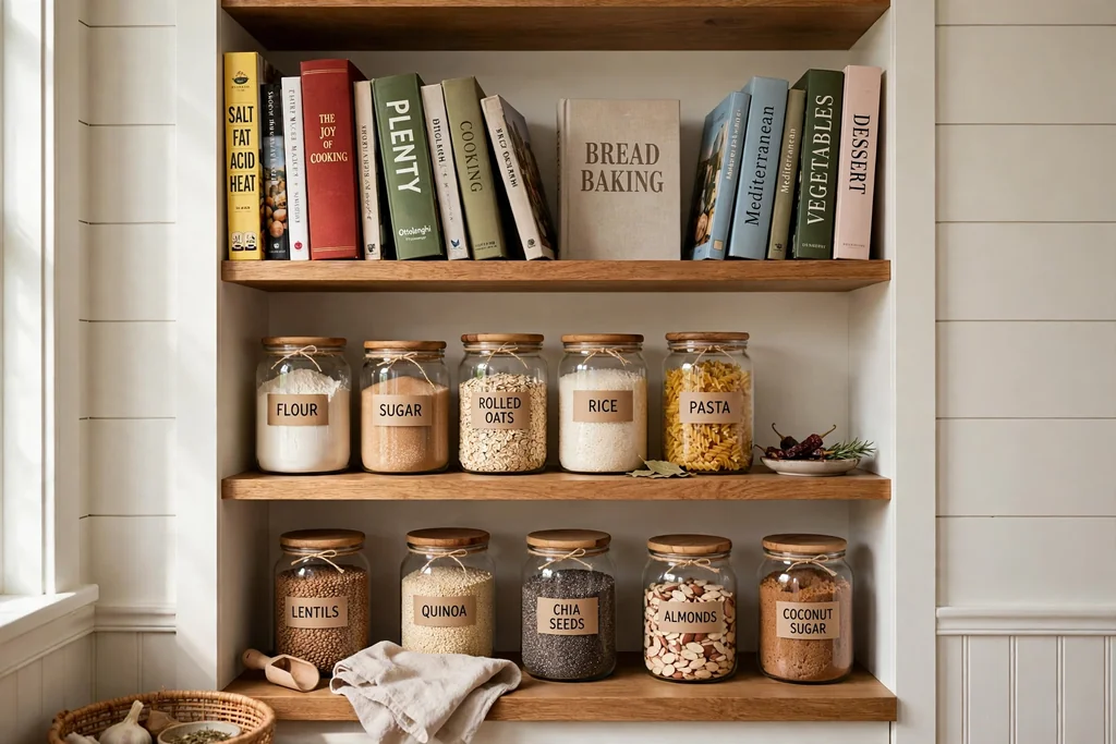 Kitchen pantry wall with a cookbook row on open shelving above jars of dry goods.