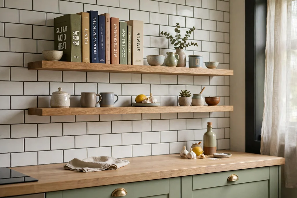 Floating wooden shelves on a tiled kitchen wall holding a row of cookbooks and small ceramics.