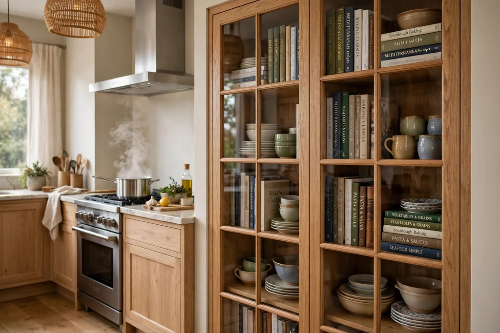 Glass door kitchen bookcase displaying cookbooks and dishes beside a counter.