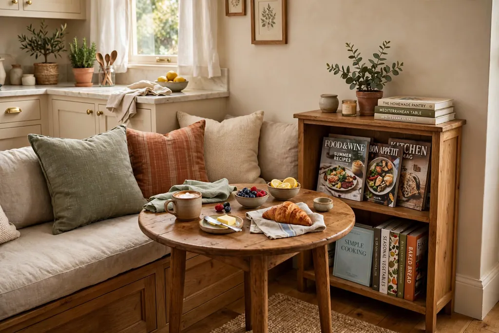 Cozy kitchen breakfast nook with a bench and a small bookshelf of cookbooks beside the table.