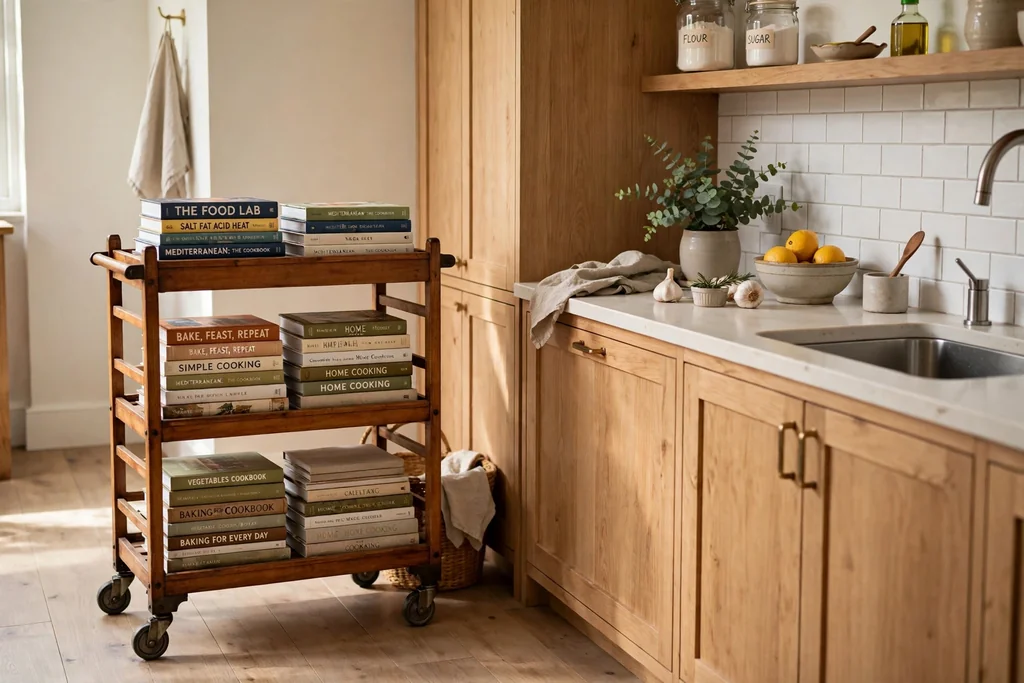 Rolling wooden book cart on wheels holding cookbooks parked beside a kitchen counter.