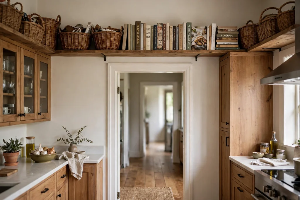 High shelf above a kitchen doorway holding cookbooks and baskets.