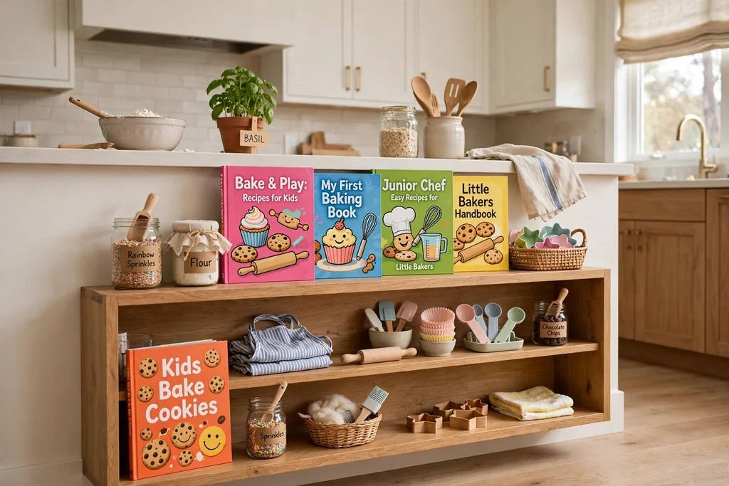 Low open kitchen bookshelf at child height holding colorful children's cookbooks and baking supplies.
