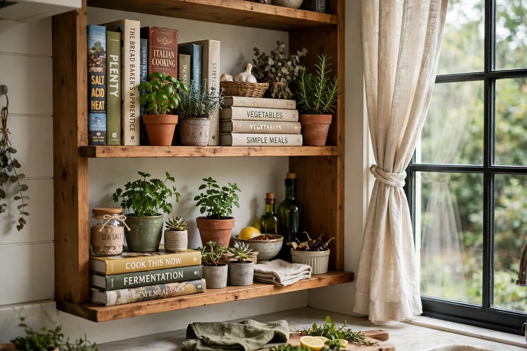 Kitchen bookshelf combining cookbooks with potted herbs on wooden shelves near a window.