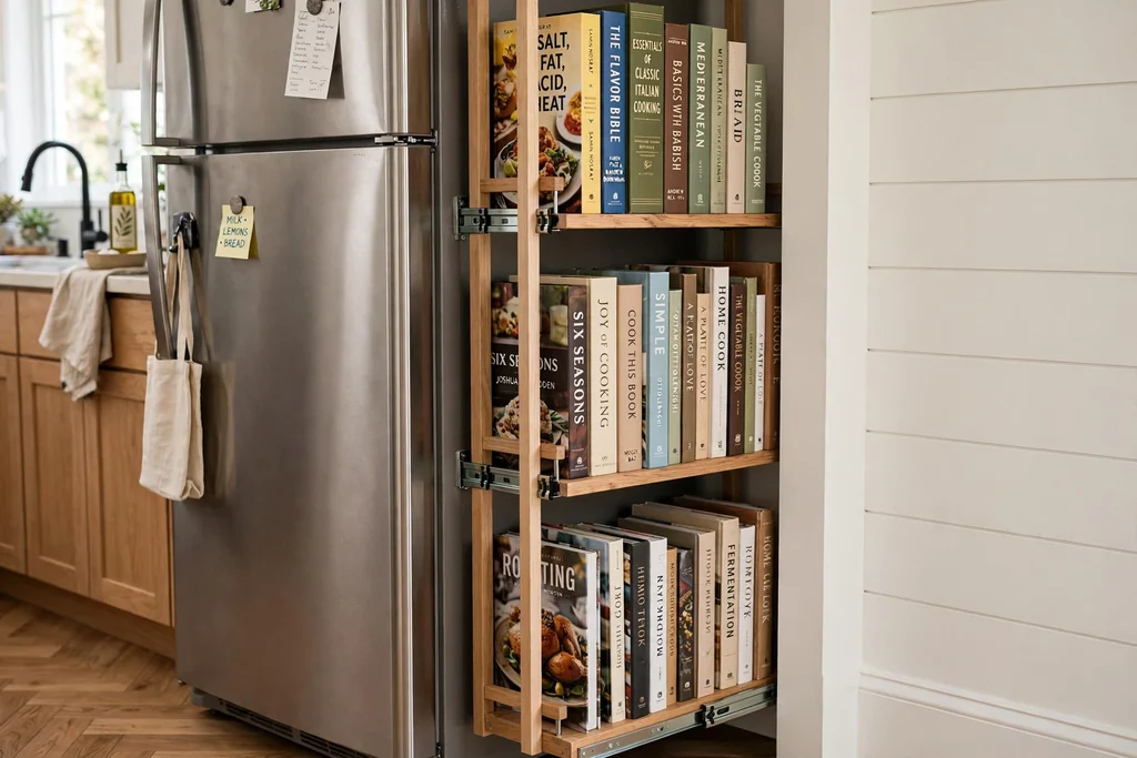 Slim pull-out bookshelf fitted in a narrow kitchen gap beside a fridge holding cookbooks upright.