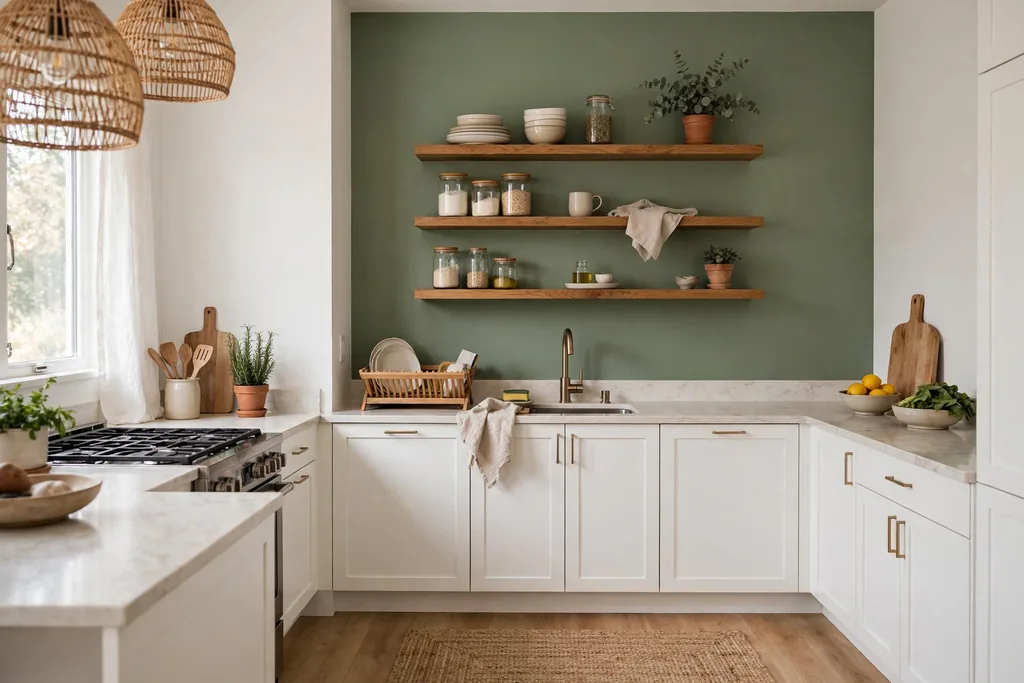 Kitchen with one accent wall painted warm sage green and other walls white.