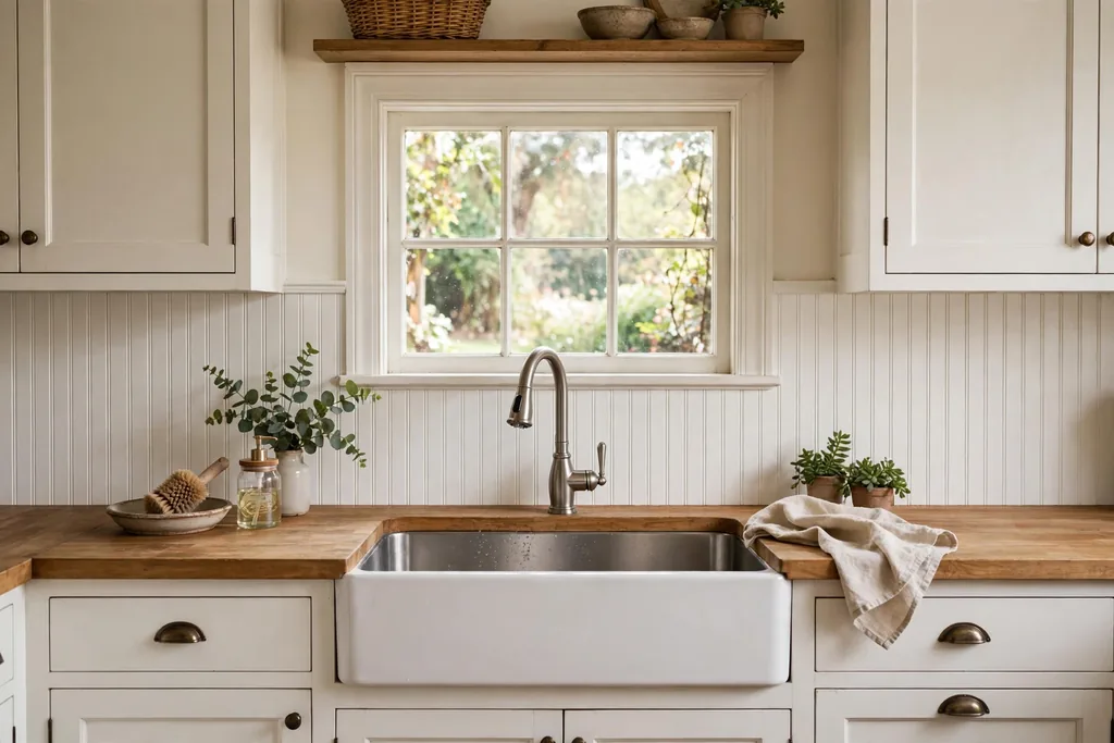 Kitchen backsplash made of white beadboard panels behind a sink.