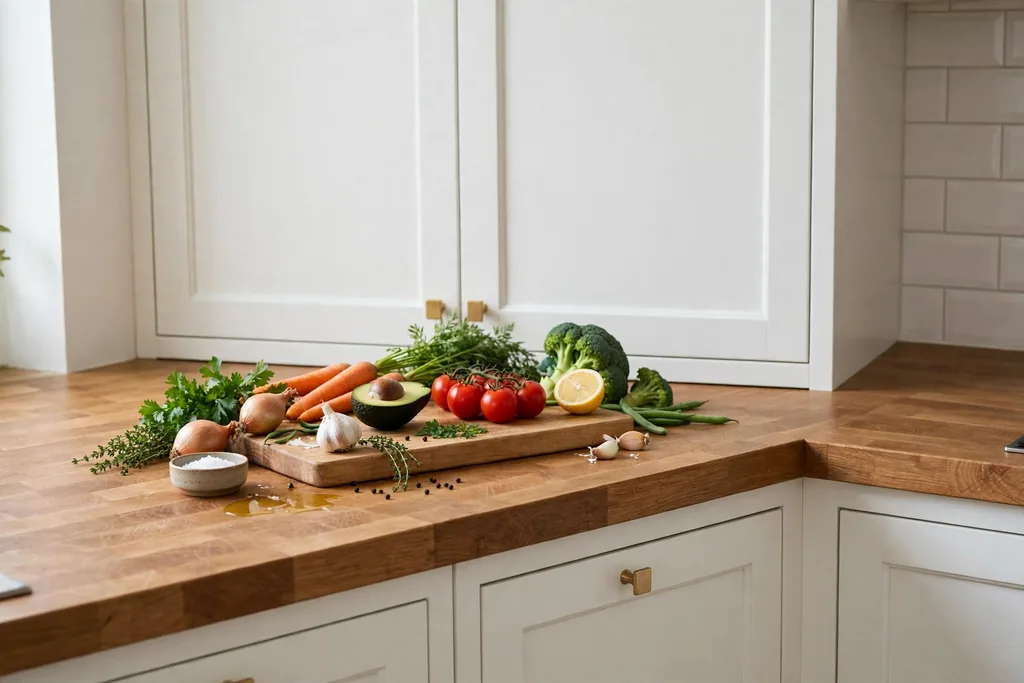 Kitchen counter section with a warm butcher block wood top.