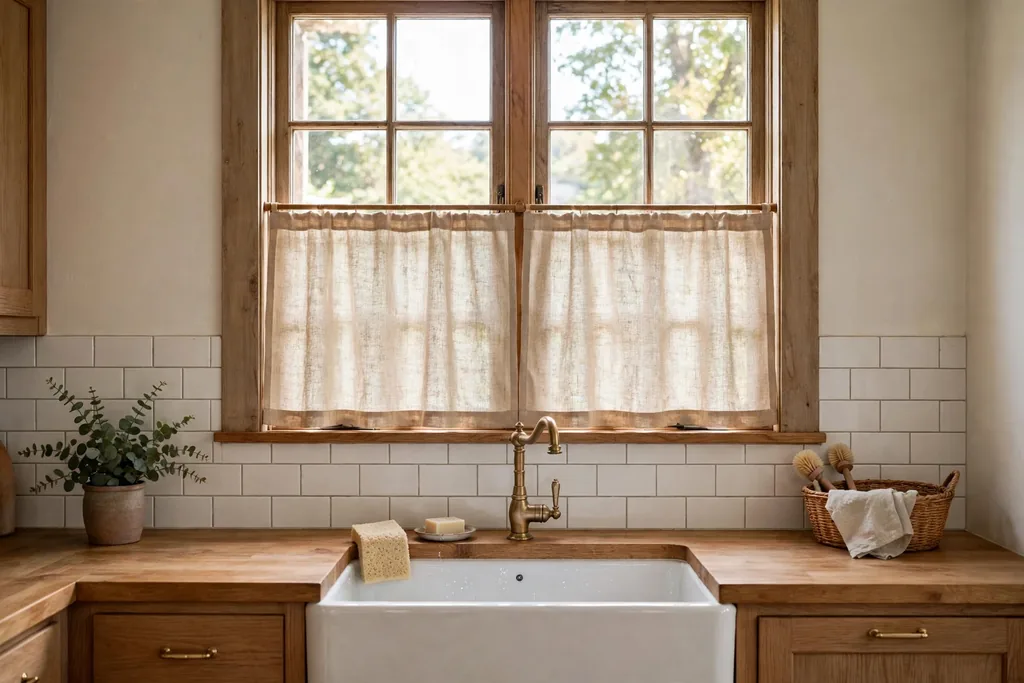 Kitchen window over a sink with a natural linen cafe curtain on the lower half.