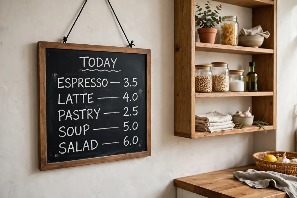 Small chalkboard menu board hanging on a kitchen wall beside shelves.