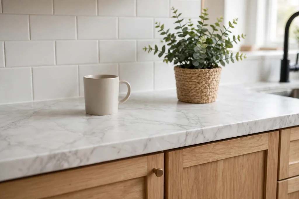 Kitchen counter refreshed with marble look contact paper.