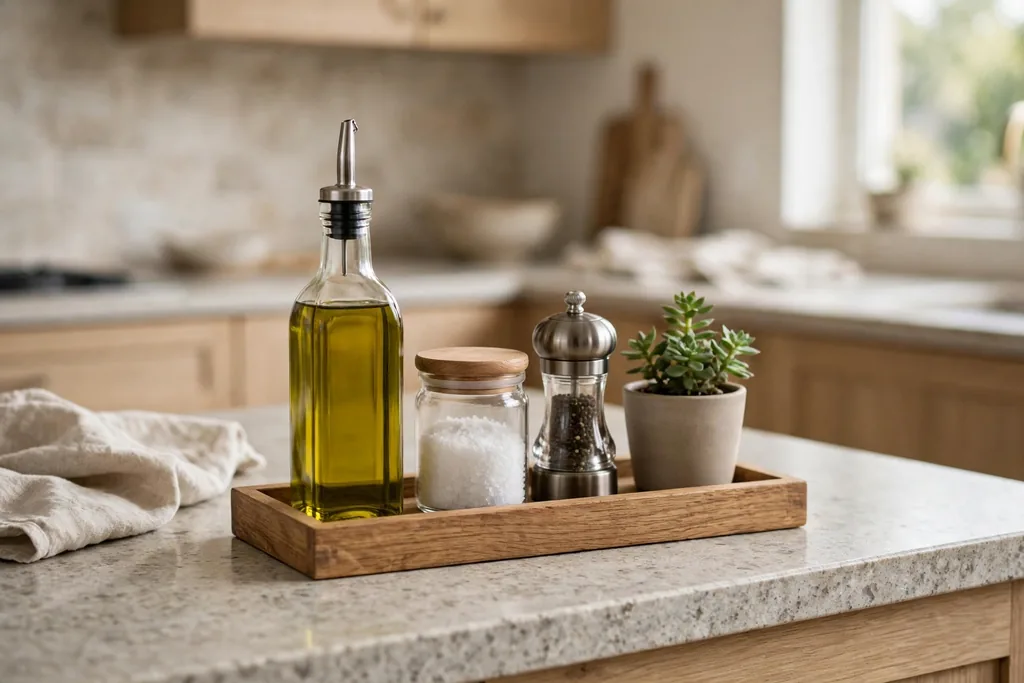 Kitchen counter with a wood tray holding olive oil, salt and pepper.