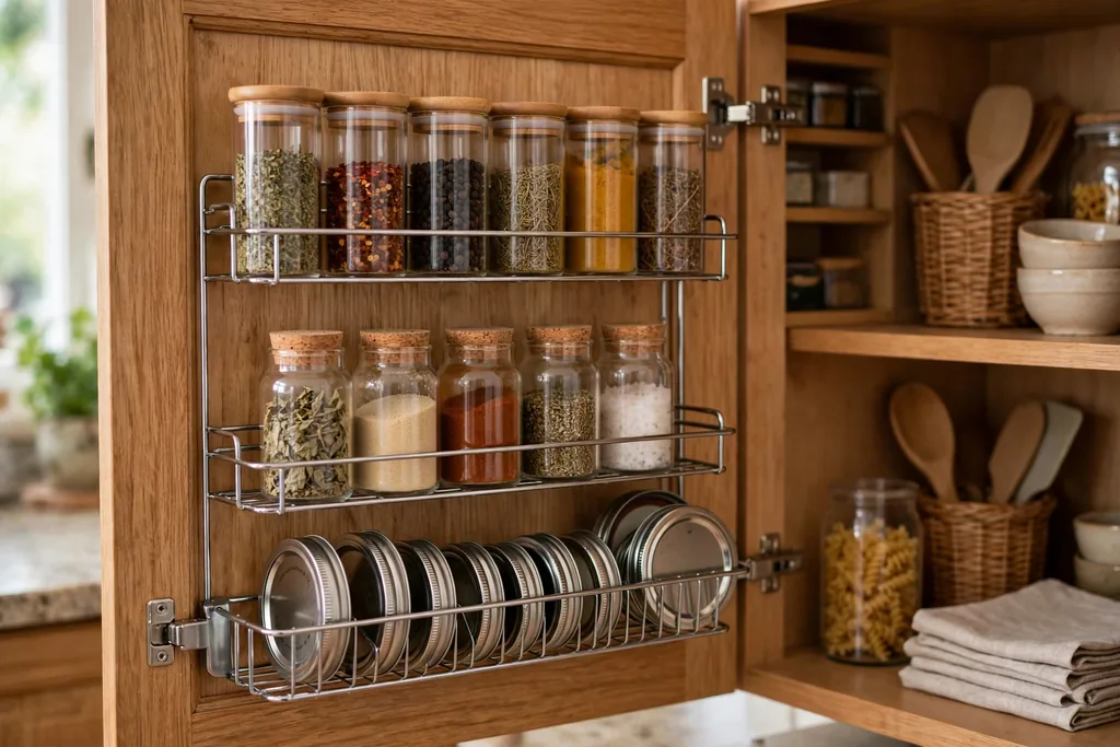 Inside of a kitchen cabinet door fitted with a wire rack holding spices and lids.